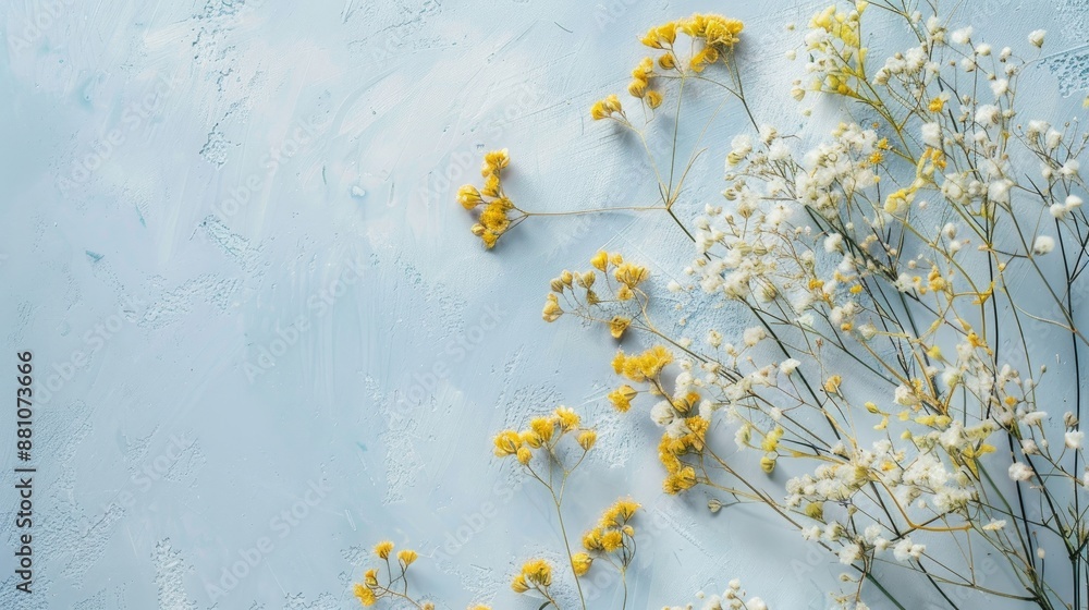 Sticker Yellow baby s breath and gypsophila dried flowers on a light blue surface viewed from above with space for text