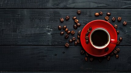 Red cup and coffee bean on black wooden surface viewed from above