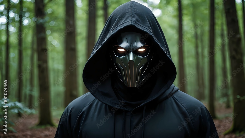 Wall mural Mysterious figure wearing a hooded cloak and a metal mask with glowing eyes in a forest.