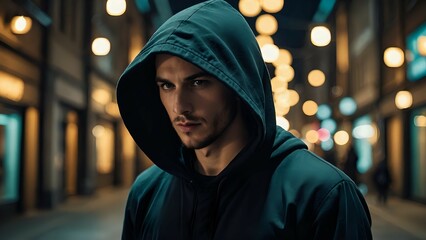 A hooded man walking in the city at night.
