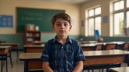 Fototapeta premium Happy student modern school boy wearing uniform holding books and bag, Back to school