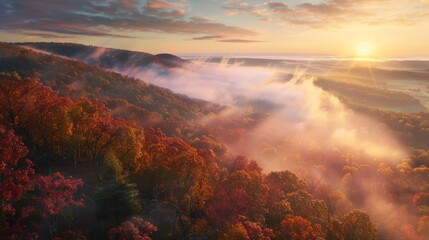 Scenic sunrise over misty autumn forest hills and valleys. Concept of fall foliage, morning light, nature landscape, seasonal beauty