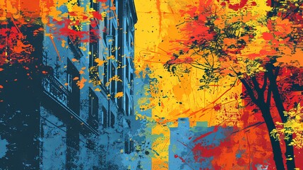 Colorful abstract cityscape with autumn trees and buildings. Concept of urban art, fall season, street scene, vibrant colors