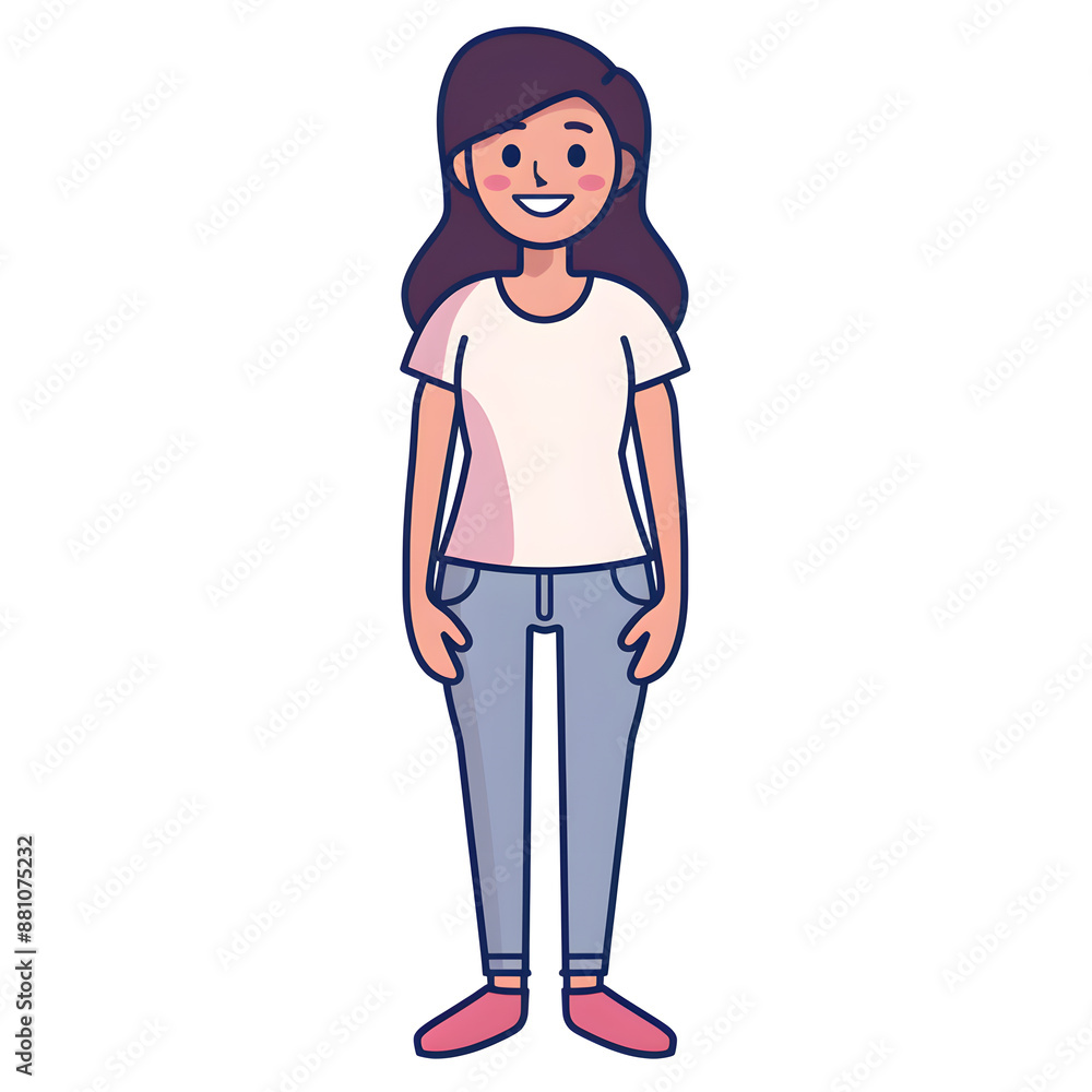 Canvas Prints Cartoon woman smiling, full body standing, isolated on white background. Flat design, Solid color.