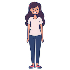 Fototapeta premium Cartoon woman smiling, full body standing, isolated on white background. Flat design, Solid color.