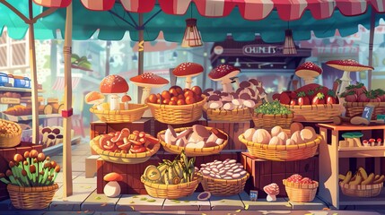 Colorful cartoon mushrooms displayed in baskets at a market. Concept of market stall, mushroom variety, fresh produce, vegetables