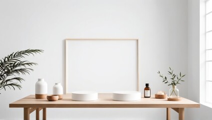Empty wood table on white wall background. can be used mockup for montage products display or design layout