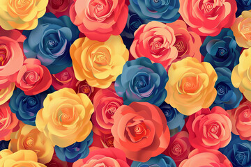 A colorful bouquet of roses in various shades of red, yellow, and blue, generative ai image..