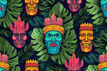 Obraz premium A colorful pattern of masks with one of them having a blue face, generative ai image..
