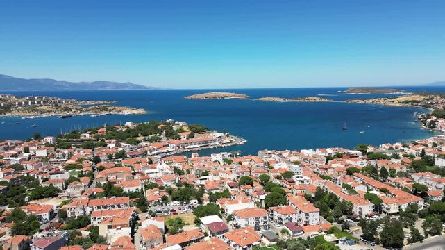 Eski Foca aerial drone view, a popular resort on the Aegean coast in Izmir, Turkey