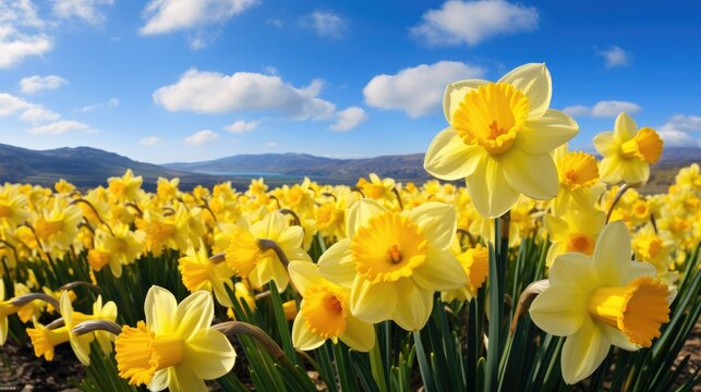 Bright yellow daffodils in lush spring field