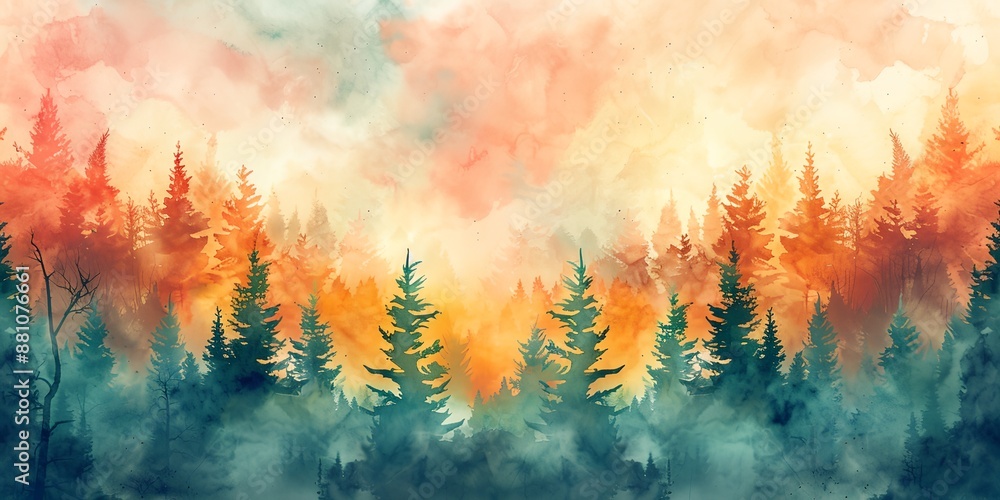 Poster a painting of a forest with trees in various shades of green and orange. the trees are spread out ac
