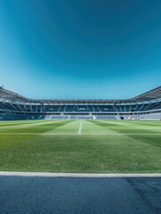 Obraz premium a soccer stadium with grass and a blue sky