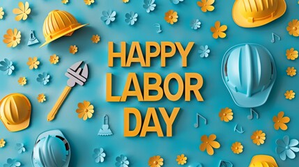 Happy Labor Day with Construction Tools and Flowers