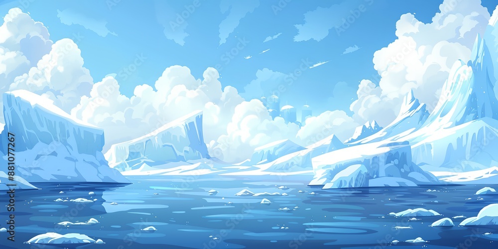 Poster a computer generated image of a snowy landscape with a blue sky