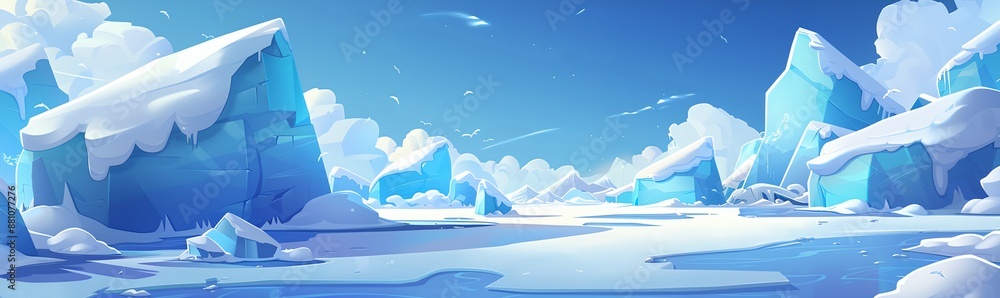 Poster a computer generated image of a snowy landscape with a blue sky. the sky is filled with clouds and a
