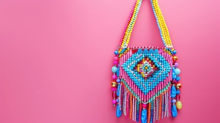 Handmade square bead bag on pink banner