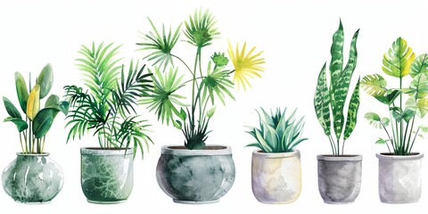 Fototapeta premium Row of potted plants with different sizes and shapes. House plants are arranged in a row, with some taller and some shorter