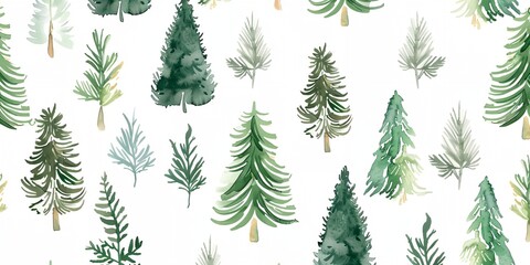 Obraz premium A Christmas tree painting with many trees and a white background. The trees are all different sizes and are painted in various shades of green. The painting has a festive and joyful mood