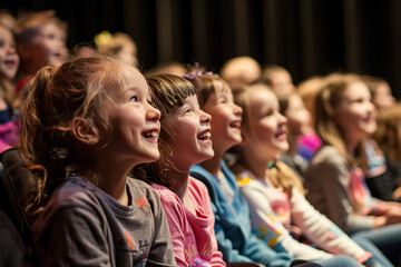 A group of children are sitting in a theater, smiling and laughing, generative ai image.