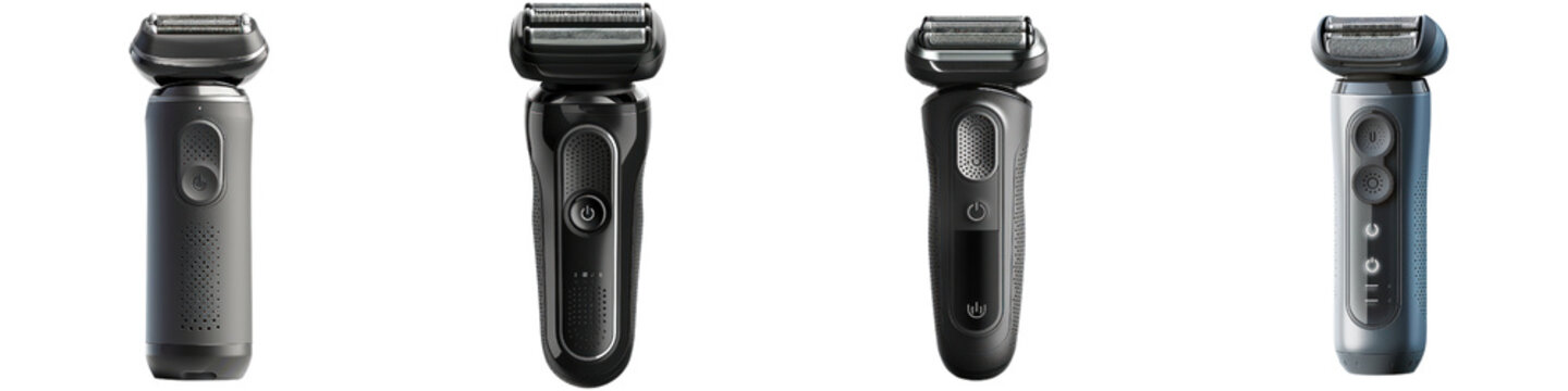 Set of four black electric razors standing upright, showcasing modern design and sleek functionality, perfect for grooming needs.