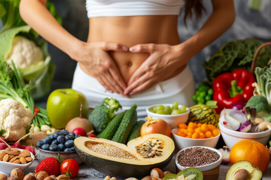 A healthy assortment of fruits and vegetables surrounding a woman forming a heart shape on her stomach, symbolizing nutrition and gut health.