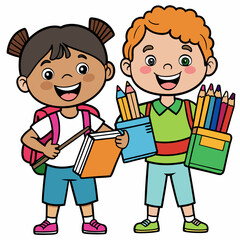 happy little kids going to school color art vector