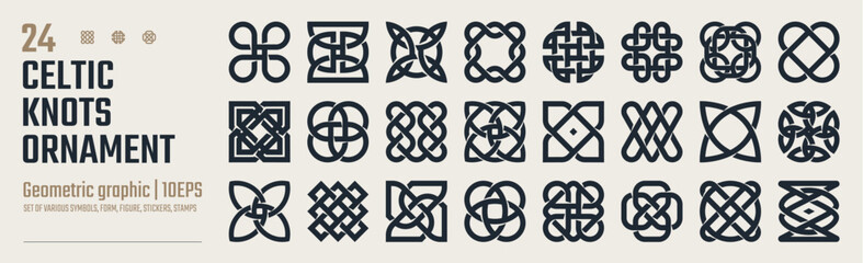 Set of Celtic outline knots ornament, Medieval viking tattoo shape vector, infinite weaving pattern, Collection of various form, stickers assets, abstract geometric graphic elements for design