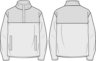 Half Zip Pullover Polar Fleece Jacket design vector flat sketch fashion illustration CAD template front and back views 