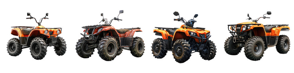 Obraz premium Four all-terrain vehicles in various colors lined up on a white background, showcasing their robust design and off-road capabilities.