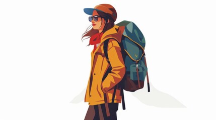 Obraz premium a classy woman, hiking gear, flat color illustration, rugged, isolated on white background