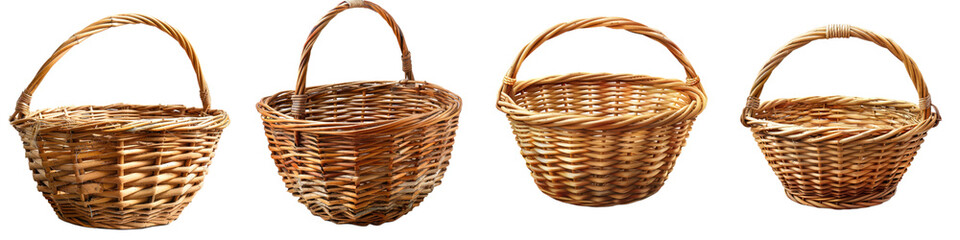Obraz premium Four traditional wicker baskets with handles displayed in a line, ideal for storage or decorative purposes, isolated on white background.
