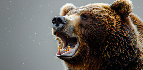 Fototapeta premium Close up portrait of big brown angry bear head, isolated on a white background