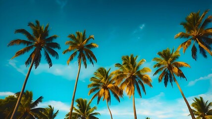 Clear blue sky with tropical palm trees. Romantic natural scenic landscape. Summer time background or holiday concept. Vibrant tall coconut trees. Summer vacation background 