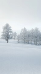 Obraz premium Snow-covered landscape with frost-covered trees. Gentle slopes, soft snowdrifts, clear sky, serene and quiet winter scene with pristine, untouched snow and bare trees.