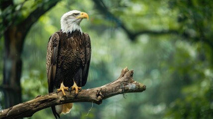 A majestic eagle perched on a high branch in a well-maintained bird sanctuary