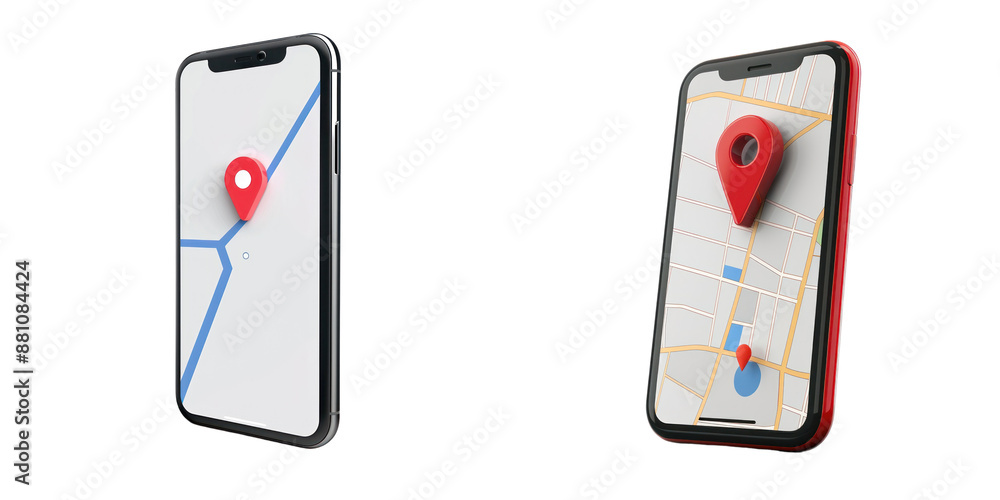 Aufkleber smartphones displaying navigation apps with map pins, representing location services and mobile gps 