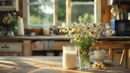 Chic wooden kitchen with milk and glass on table fresh camomile flowers health food morning idea
