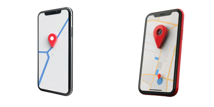 Smartphones displaying navigation apps with map pins, representing location services and mobile GPS technology.