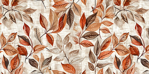 Modern abstract floral background featuring stylized leaves in earthy chintz hues on a linen texture, perfect for digital prints and seamless patterns for wallpaper, fabric, and more.