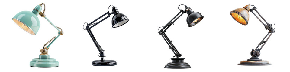 A row of four vintage desk lamps in various colors and designs, showcasing unique styles and retro aesthetics.