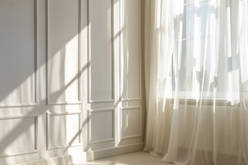 A room with white walls and a window with white curtains. The room is empty and has a clean, minimalist look