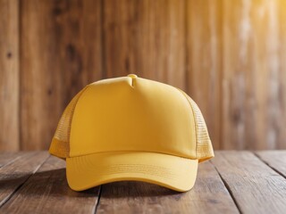 Trendy yellow trucker cap mockup with a mesh back, perfect for displaying custom designs. Ideal for branding, fashion, and promotional materials. High-quality and realistic