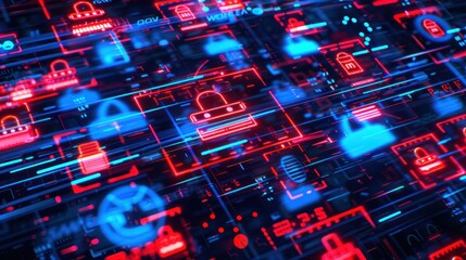 Cybersecurity Network with Red and Blue Neon Symbols