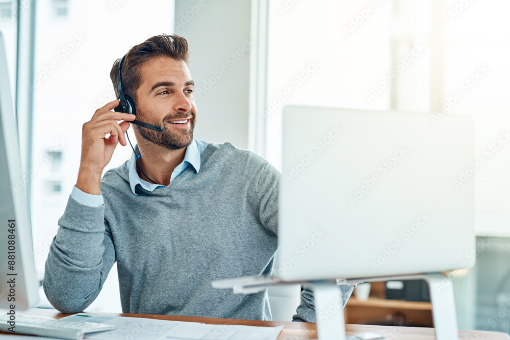 Sticker Call center, smile and man with headset, laptop and microphone for customer service, online and talking. Telemarketing, help desk and computer for research of inquiry, consulting and friendly