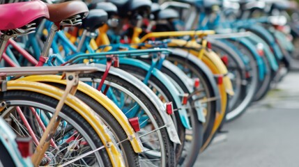 Obraz premium Row of Colorful Bicycles Parked on Sidewalk