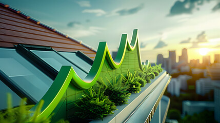 Rising green graph curves upwards on a rooftop, symbolizing accelerating housing prices and booming real estate market growth potential.