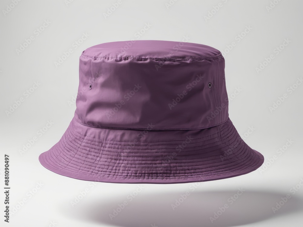 Wall mural purple bucket hat mockup sits alone on a crisp white background, ready for summer adventures.  This cheerful hat is a perfect addition to any beach day or poolside relaxation.