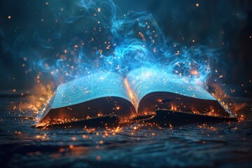 Mystical Book With Blue Smoke and Sparks