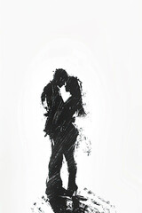A black and white sketch of a couple embracing